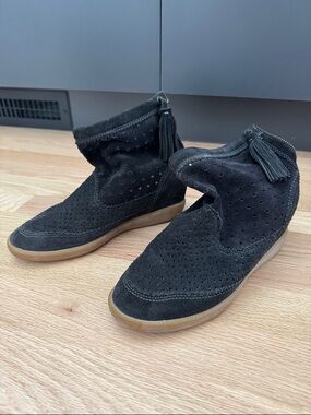Isabel Marant Black Suede Perforated Tassel Wedge Booties
